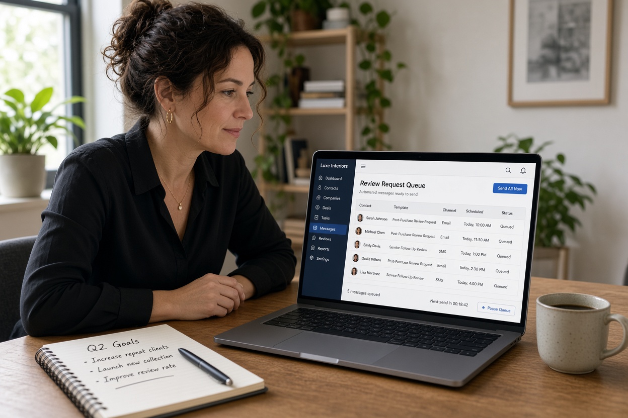How to Get More Google Reviews Without Getting Banned 2 Business owner at a desk looking at a laptop showing an automated review-request message queue