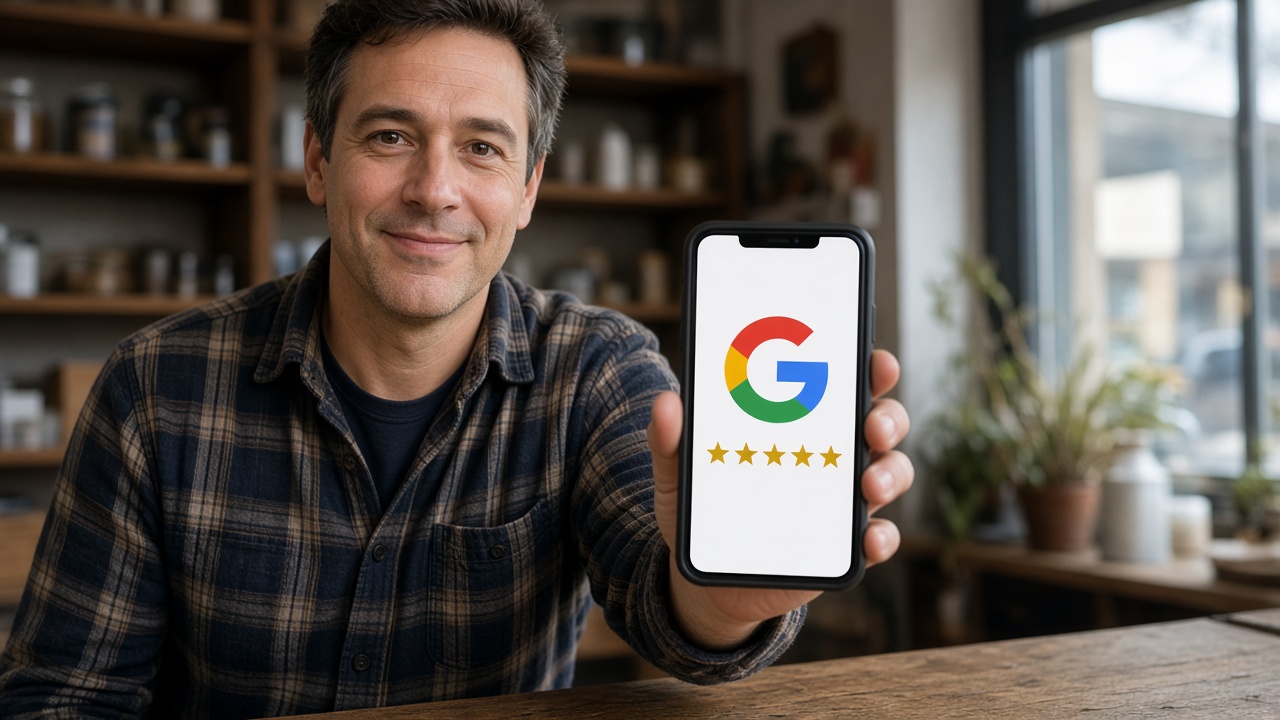 Small business owner smiling while holding up a phone showing a Google five-star rating in his shop