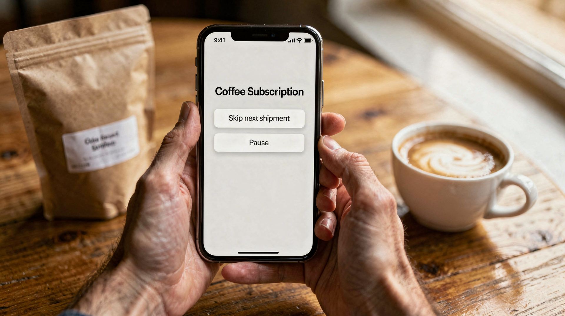 Close-up of hands on a phone showing a coffee subscription account screen with Skip next shipment and Pause buttons