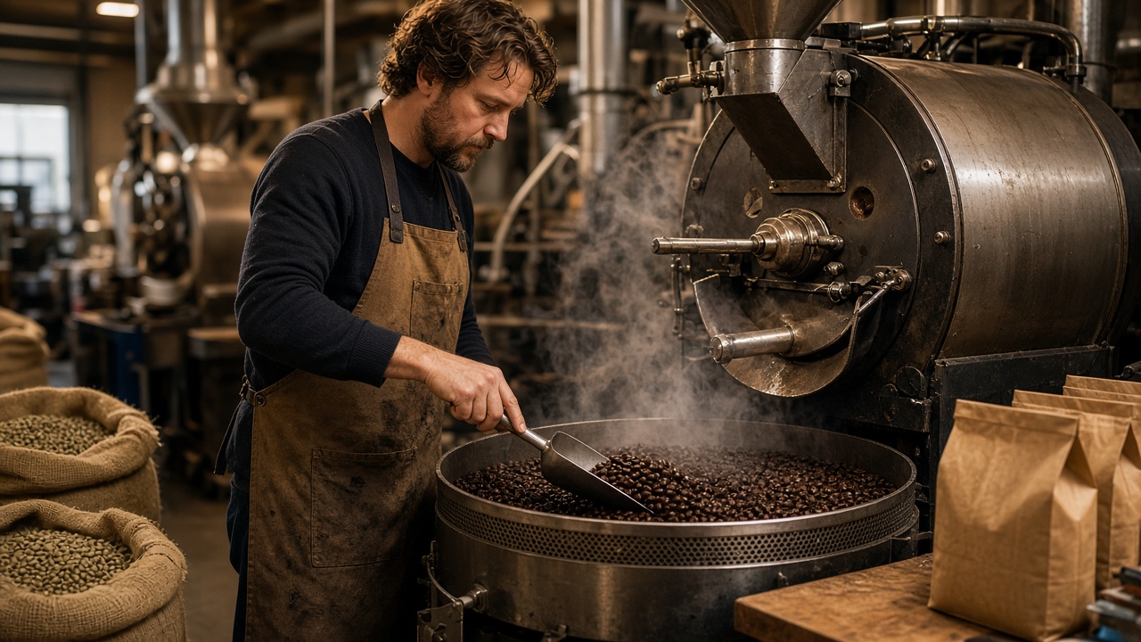 Coffee roaster in apron checking freshly roasted beans in a cooling tray inside a busy roasting factory