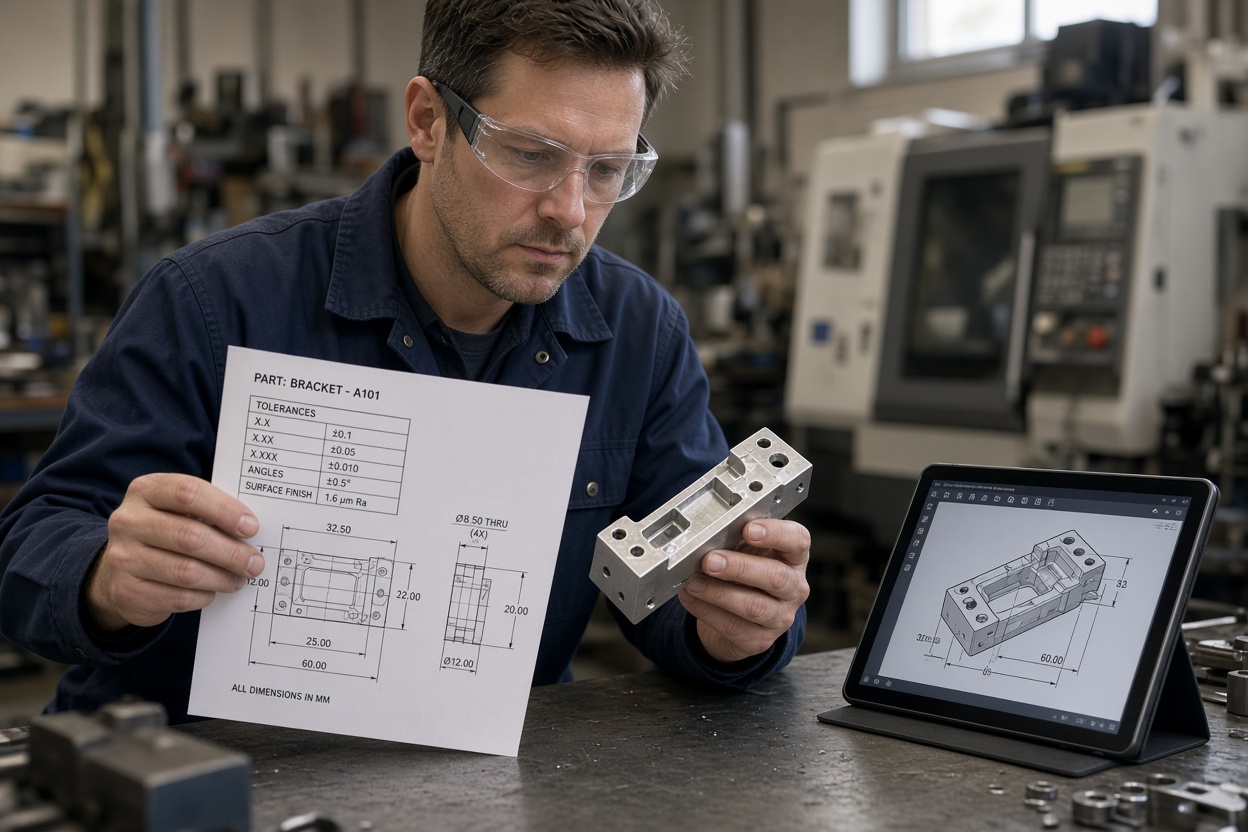 Why Midwest Manufacturers Lose Bids to a Better Website 1 A machinist checking a printed spec sheet and tolerances against a machined bracket part next to a CAD drawing on a tablet