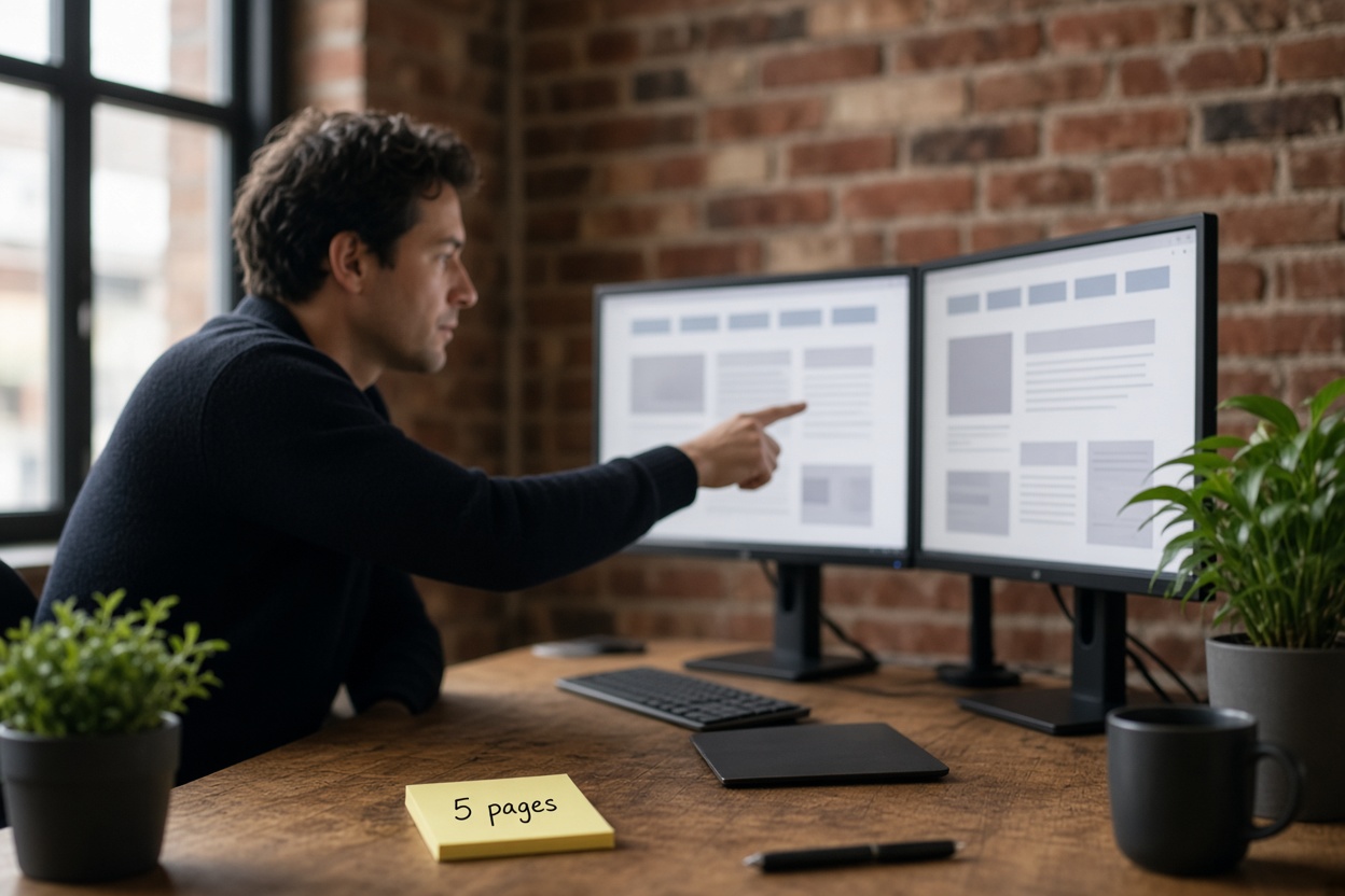 What I'd Do With $5,000 vs $50,000 for a Website 1 A web developer pointing at dual monitors showing a simple five-page website wireframe, with a sticky note reading 5 pages on the desk