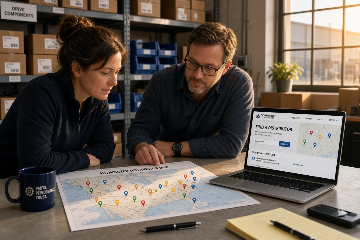 Why Midwest Manufacturers Lose Bids to a Better Website 2 Two colleagues reviewing a printed authorized distributor map alongside a find-a-distributor locator page on a laptop in a warehouse office