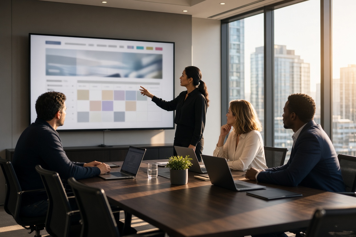 What I'd Do With $5,000 vs $50,000 for a Website 2 A team of four reviewing a custom website and booking system plan on a large conference room screen
