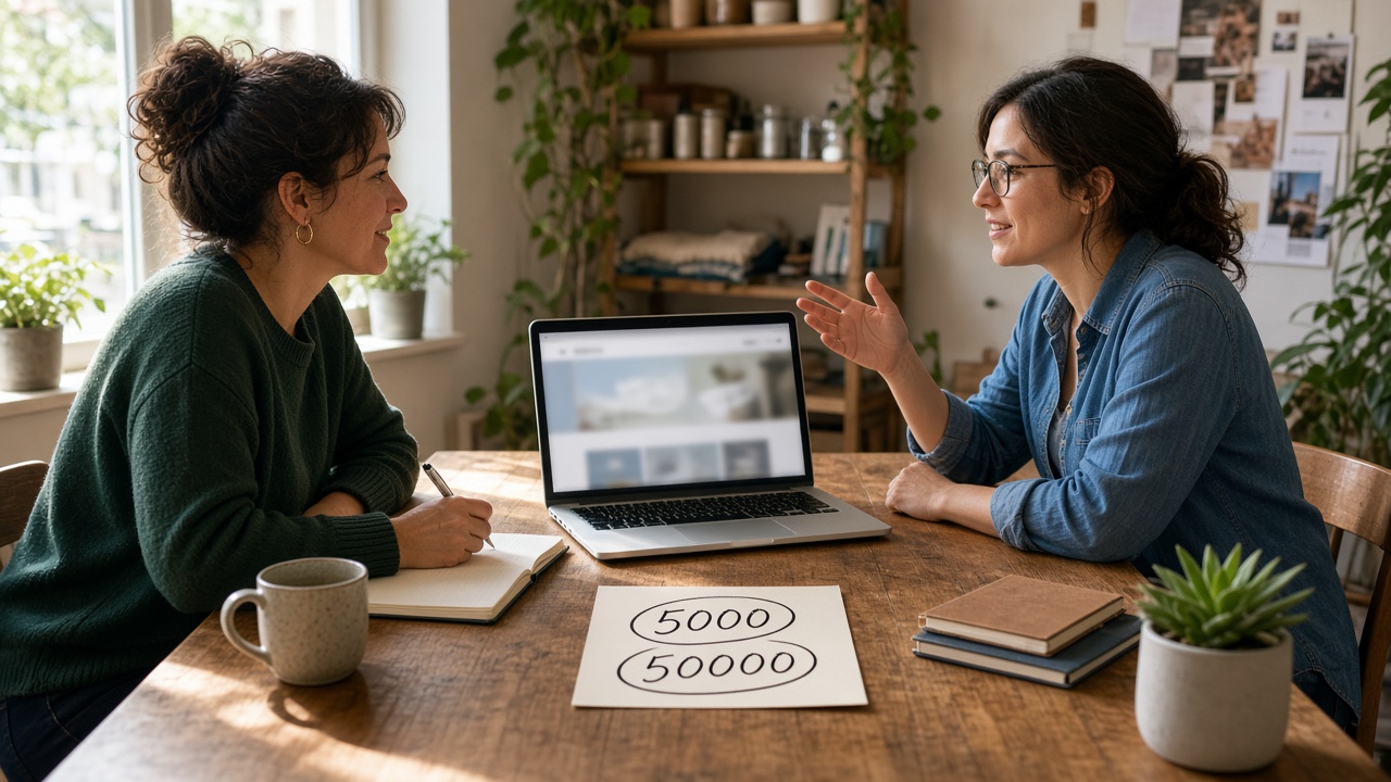 Two women, a small business owner and a web consultant, talking over a laptop with a website mockup, a paper on the table showing circled budget figures of 5000 and 50000