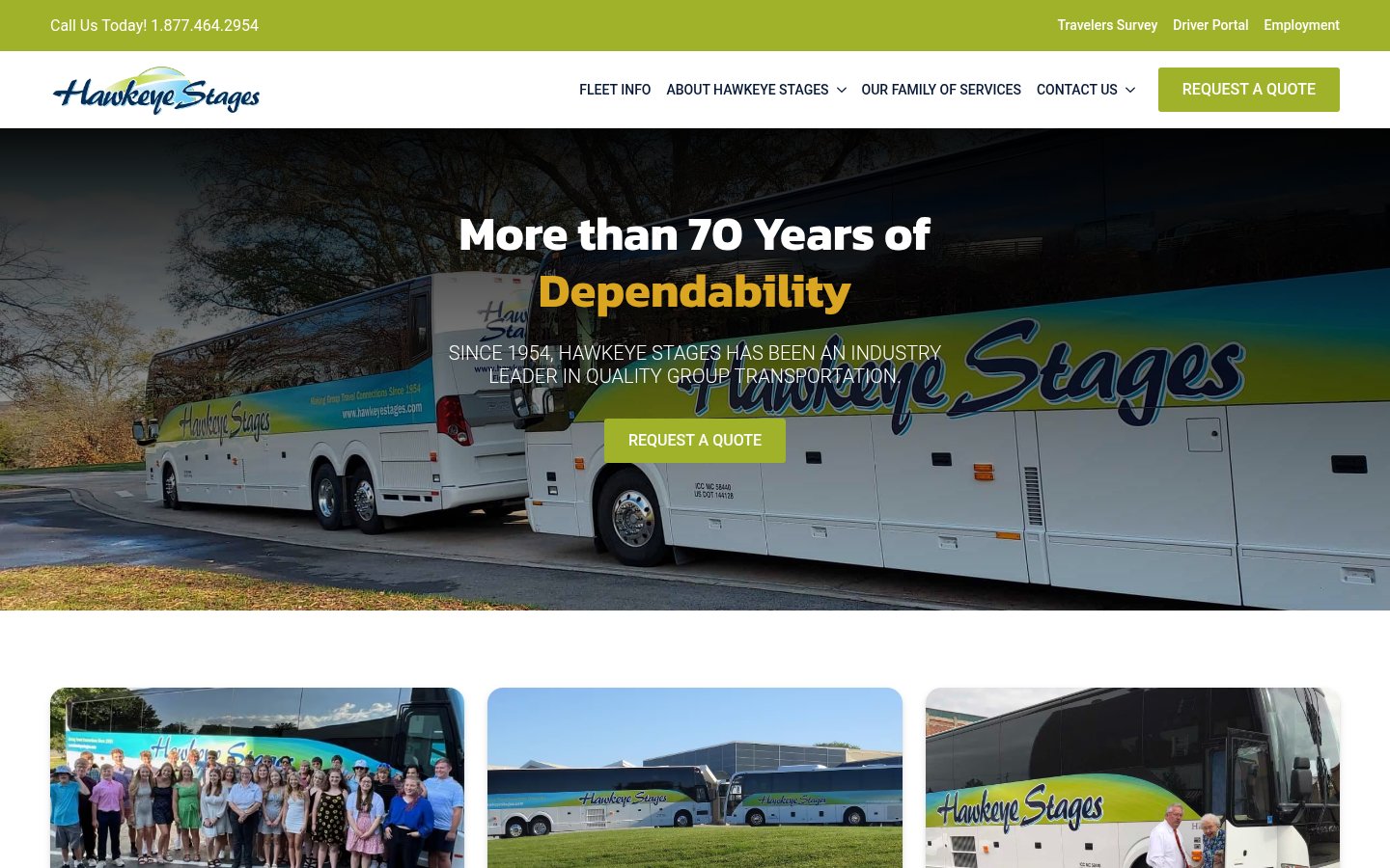 Homepage of the Hawkeye Stages website (hawkeyestages.com), a Wapiti Digital client site
