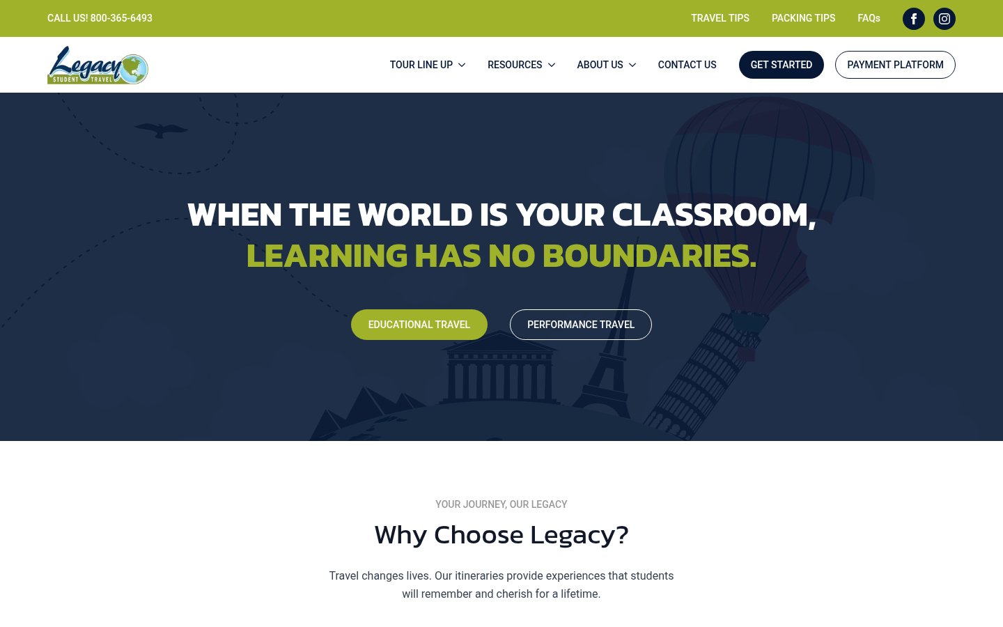 Homepage of the Legacy Student Travel website (legacystudenttravel.com), a Wapiti Digital client site