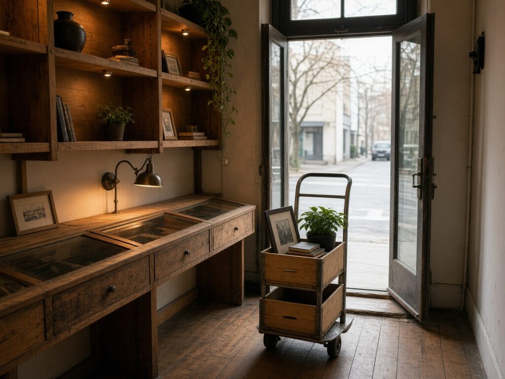 A boutique during a move-out, with built-in shelving and a fitted display counter staying behind while a hand truck by the open door holds two small crates