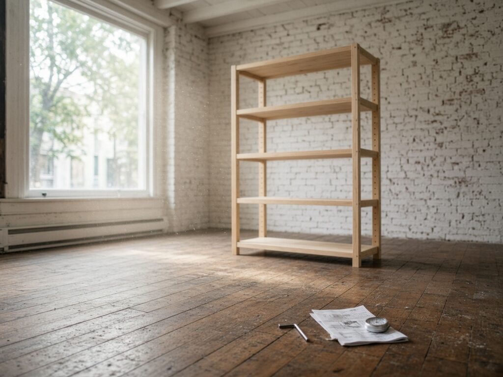 A freshly assembled wooden shelf standing empty in a bare shop with brick walls, an Allen key, instruction sheet and timer on the floor beside it